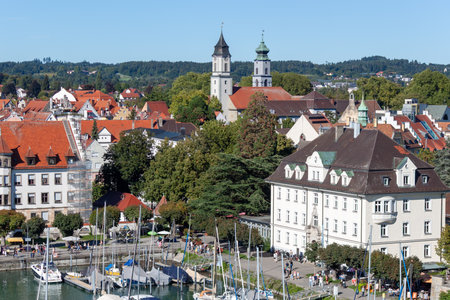 LINDAU, BAVARIA, GERMANY - AUGUST 31, 2025: Panoramic aerial view of the historic old town and harbor of Lindau island on Lake Constance (Bodensee)のeditorial素材
