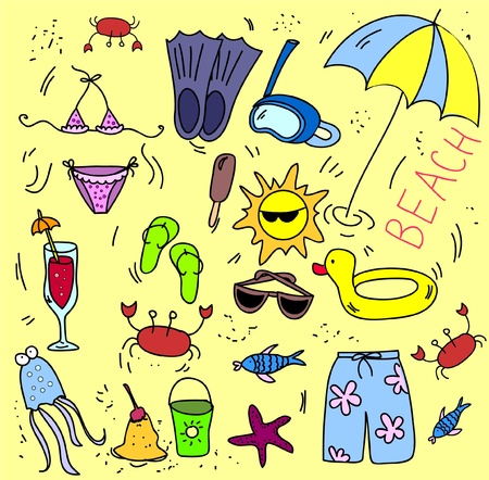 beach icon set, children drawing のイラスト素材