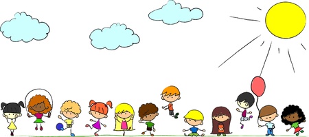 Happy cute kids play, dance, jump, vector のイラスト素材