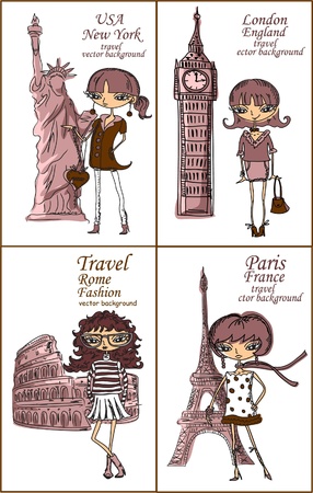 Fashion Cartoon Girl travels the worldのイラスト素材