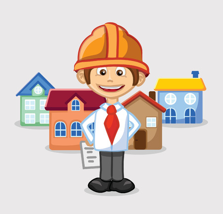 Cartoon engineer builder and housesのイラスト素材