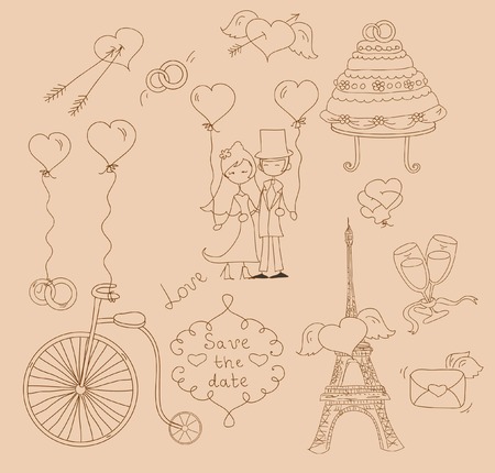 Wedding doodles, groom , bride and everythingのイラスト素材