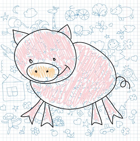 Children\'s drawings of doodle pigのイラスト素材