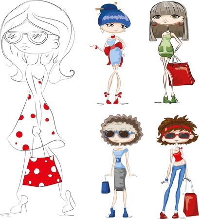 Cartoon fashionable girlsのイラスト素材