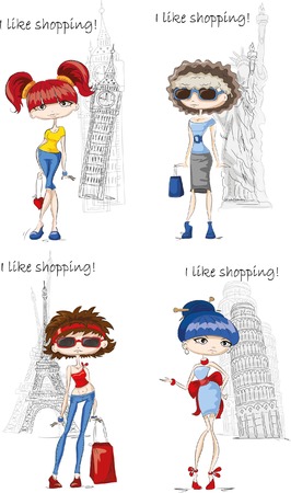 Fashion girls in different country, vector backgroundのイラスト素材