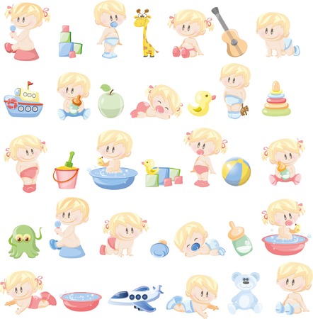 Illustration of different babies and kid\'s accessoriesのイラスト素材