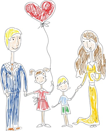 Vector children's doodle of happy familyのイラスト素材