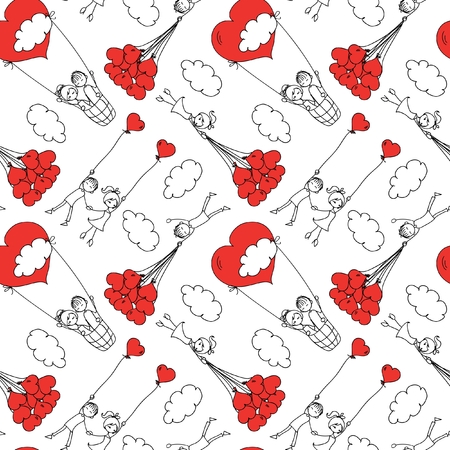 Vector super seamless pattern with doodle boy and girlのイラスト素材