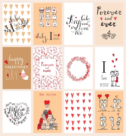 Valentine's greeting cards with cute bear, cats, heartsのイラスト素材