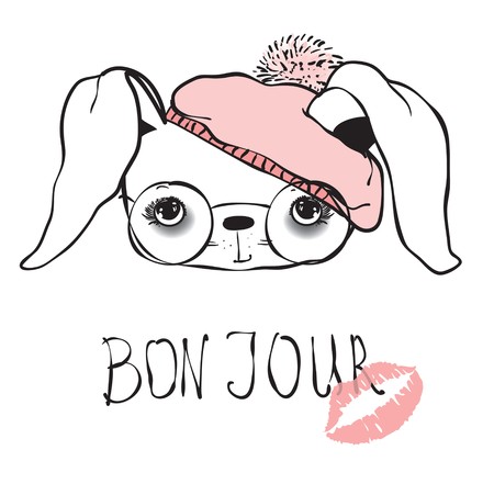 cute rabbit in beret portraitのイラスト素材