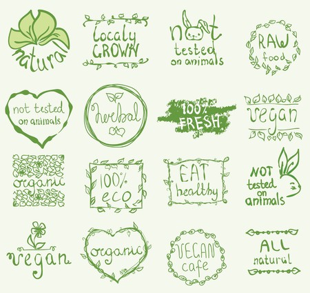 Set of 16 vector icons.100% bio, eat local, healthy foodのイラスト素材