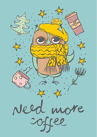 Vector card with cute owl and hand drawn text Need more coffeeのイラスト素材