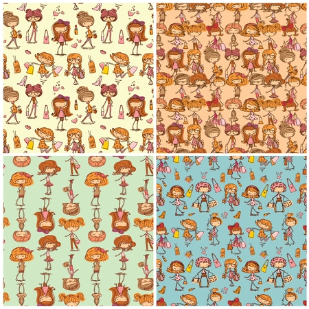 Vector set of cute pattern seamless fashion girlsのイラスト素材