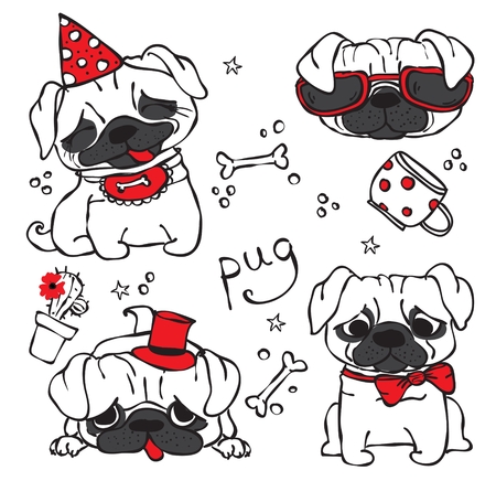 Vector illustration of four cute hand drawn pugのイラスト素材
