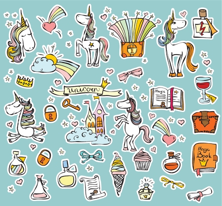 Vector set of Magic cute unicorns and other designのイラスト素材