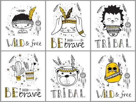 Vector set of cards with cute doodle tribal animalsのイラスト素材
