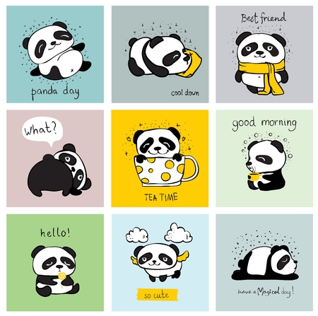 Set of 9 cards with doodle pandas .Simple design of cute pandasのイラスト素材