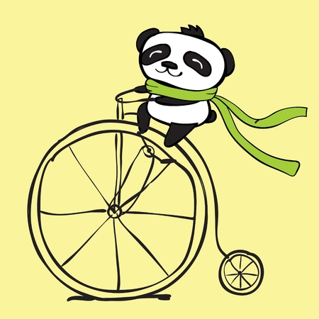 Vector card with doodle panda on the bikeのイラスト素材