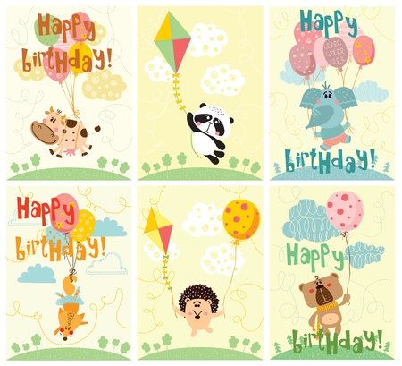 Vector greeting cards with cute animals and happy birthday textのイラスト素材