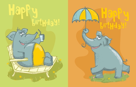 Vector greeting cards with cute elephants and Happy birthday textのイラスト素材