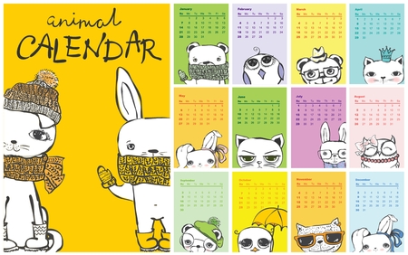 Calendar 2018. Cute different animals for every month.のイラスト素材