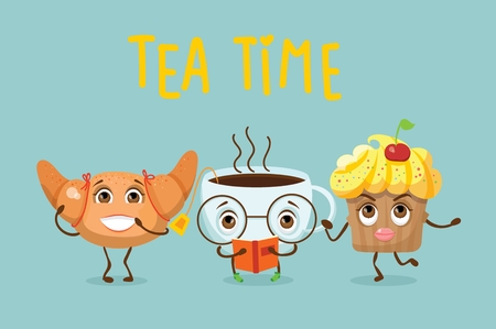 Cartoon funny croissant, cupcake and a cup of tea with emotions.のイラスト素材