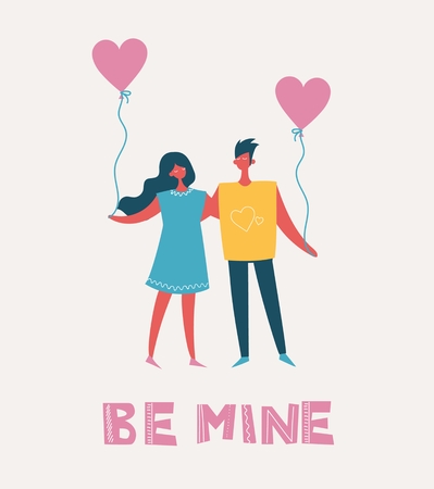 Vector Valentine illustration in a flat style of happy people in loveのイラスト素材