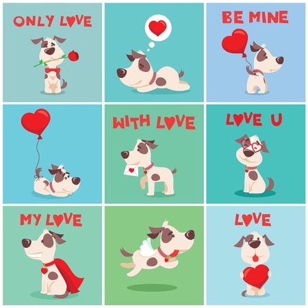 A Vector illustration card set with cute cartoon little Valentine dog-puppy in loveのイラスト素材