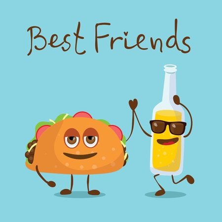 Cartoon funny friends fast food - bottle with lemonade or soda and tacoのイラスト素材