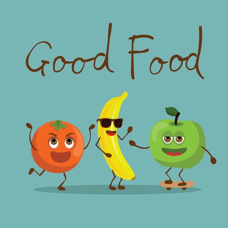 Cartoon funny friends healthy food fruits - orange, apple and bananaのイラスト素材