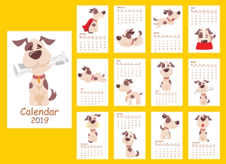 Monthly creative calendar 2019 with different dayly activities of dog.のイラスト素材