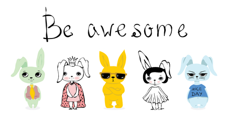 Cute rabbits doodle kid set.のイラスト素材