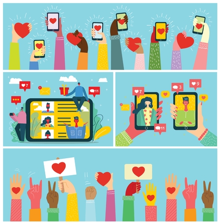 Share your love. Vector Valentine's concept on online datingのイラスト素材