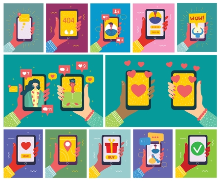 Set of illustrations of hand holding a smartphoneのイラスト素材