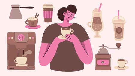 Set of girl and coffee vector illustrationsのイラスト素材