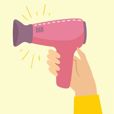 Hair Dryer Icon concept illustration. Hand holding Hair Dryer vector card in flat designのイラスト素材