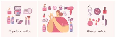Collage of illustrations with of cosmetics and body care products for make up near the girls . Vector modern illustration in flat style.のイラスト素材
