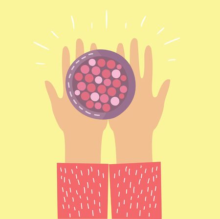 Hands holding a box with blush. Body care products for make up near the girls . Vector modern illustration.のイラスト素材