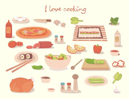 I love cocking a tasty pizza, a cake, a sushi and a salad with kitchen utensils, ingredients. Vector illustration in flat modern styleのイラスト素材