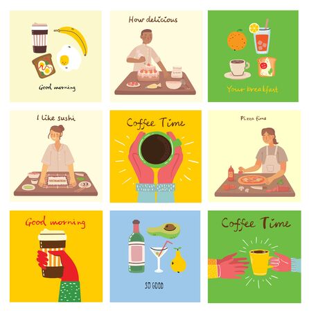 Set of food and drink cards with hand written text, simple flat colorful vector illustration in the flat designのイラスト素材