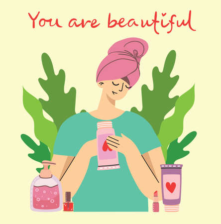You are beautiful illustration of body care products for make up near the girl . Vector modern illustration in modern flat style.のイラスト素材