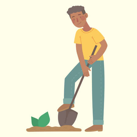 Man farmer gardener farmer digging. Vector illustration in the modern flat design.のイラスト素材