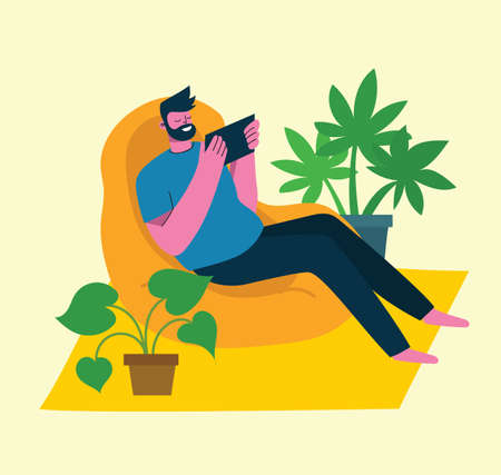 Young man using mobile phones socializing on internet in the home in the flat styleのイラスト素材