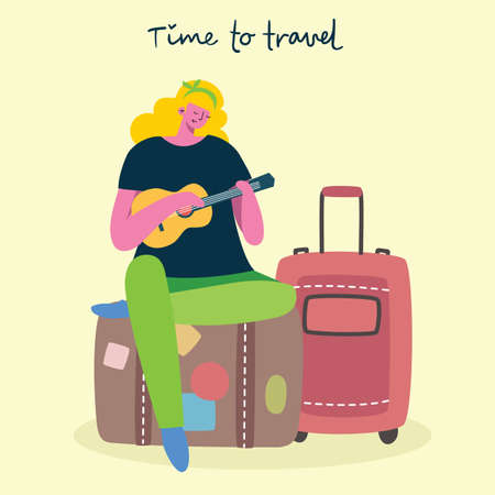 Time to travel. Vector illustration with isolated young girl traveler in various activity with luggage and tourist equipment in modern flat designのイラスト素材