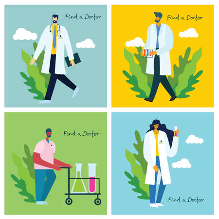 Find a doctor. Team doctors on a white background. Vector illustration in modern flat styleのイラスト素材