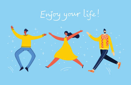 Enjoy your life. Concept of young people jumping on blue background and enjoing life in the modern flat designのイラスト素材