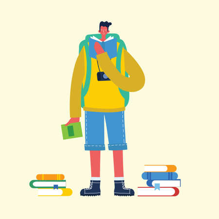 Vector flat illustration people learn and gain knowledge. The creative design of the schedule students learn on books. stylish vector for posters, banners, websites, booklets, flyers, cardsのイラスト素材
