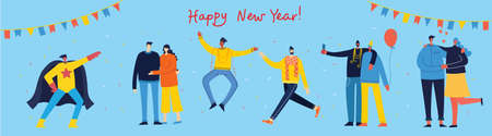 Happy New Year. Vector cartoon illustration of Happy group of people celebrating new year, jumping on the party. The concept of friendship, healthy lifestyle, success, celebrating, party.のイラスト素材