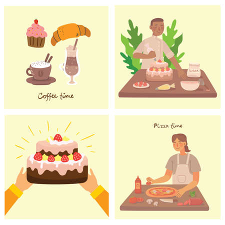 Young girl and boy cooking pizza, cake and salad in kitchen at home. Cooking pizza and salad with ingredients. Vector modern illustrationのイラスト素材