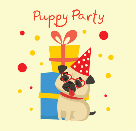 Puppy party background. Cute greeting card with presents and puppy in the flat styleのイラスト素材